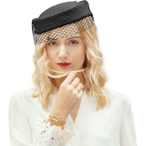 F FADVES Straw Fascinator Vintage Hat Bow Veil Pillbox for Wedding Tea Party 20s 50s Headwear