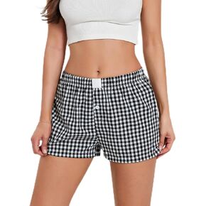 Button Front Boxer Shorts for Women Y2K Elastic Waist Gingham Plaid Pajama Micro Shorts Loose Fit Striped Lounge Bottoms