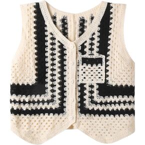 Crochet Sweater Vest Women Button Front V Neck Sleeveless Vest Cropped Knit Tank Top Trendy
