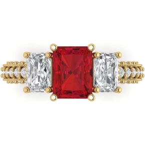 Clara Pucci 3.61 ct Emerald Cut Created Ruby 14k Yellow Gold Solitaire with Accents Three-Stone Wedding Engagement Bridal Promise Ring