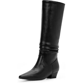 Women's Slouch Boots Mid Calf Chunky Low Heel Square Toe Slip On Boots