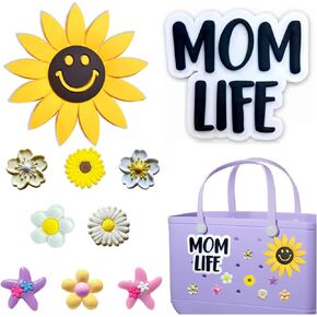 10PCS Charms for Bogg Bag Accessories for Bogg Bag Decoration MOM LIFE Charms Compatible with Bogg Bag Original All Models, Insert Decorative for Handbag Beach Tote Bag, Rubber Beach Bag Accessories