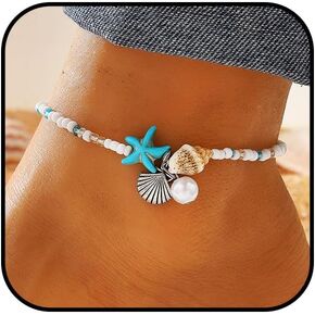 Beach Puka Shell Anklet for Women Waterproof Beaded Ankle Bracelets Adjustable Starfish Seashell Pearl Foot Chain Boho Jewerly Present for Summer Beach Party (White)