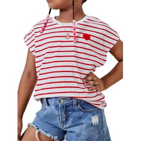 SOLY HUX Girl's Striped Print Short Sleeve T Shirt Heart Embroidered Cute Tee Tops