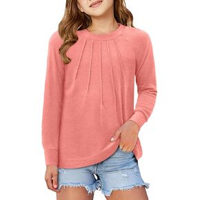 storeofbaby Girls Long Sleeve Shirts Casual Front Pleats Tops Round Neck Blouses 4-14 Years