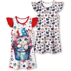 Girls' Cat Cartoon Dress 2PCS Ruffle Sleeve Baby Girl Dresses Cute Dinosaur Daily Dress for Little Girls 2-12Y
