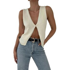 Sweater Tank Tops for Women Y2K Sleeveless Basic V Neck Crochet Knit Vest Sexy Button Down Crop Tank Top Streetwear