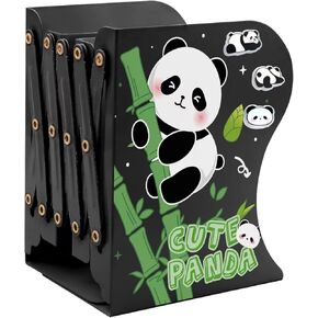 Adjustable Metal Bookends Heavy Duty for Shelves, 2 Dividers, Anti-Slip Design Expandable Book Ends for Kids, Desk, Office(Cute Panda Black, 19 inches Max)