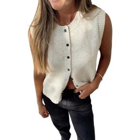Seyurigaoka Womens Sweater Vest Button Front Round Neck Sleeveless Knit Vest Summer Ribbed Tank Tops Streetwear