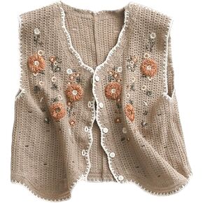 Womens Floral Print Sweater Vest Sleeveless V Neck Vintage Button Front Cardigan Crochet Crop Knit Tank Top