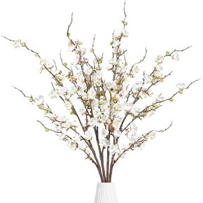 Sggvecsy Artificial Plum Blossom Flowers 4 Pcs Faux Cherry Blossom Stems Faux Silk Plum Blossom Branches 36.2’’ Fake Flowers Long Stems for Vase Arrangements Home Wedding Table Decor (White)