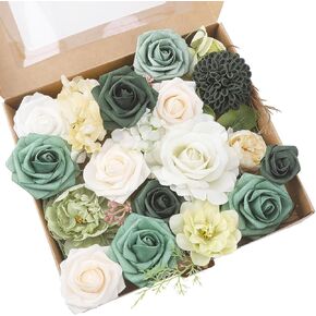 Dusty Blue Artificial Flowers Combo Box Set,Fake Silk Flowers Arrangement Bouquets with Stem Leaf for DIY Wedding Flower Centerpiece Wedding Centerpieces, Blue and White