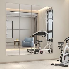 PETAFLOP Gym Mirror Tiles 12"x 12"(16 Pcs), Self Adhesive Mirror Panels for Safe, Wall Mounted Full Body Mirror Tile, Workout Mirrors for Home Gym Door Wardrobe Large