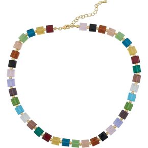 Choker Necklace for Women Multi-Colored Glass Crystals Beads Rainbow Strand Necklace Brass Plated 18K Gold Adjustable Length Trendy Gift