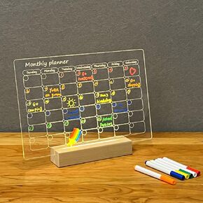 Acryic Dry Erase Board with Light, Wooden Stand Up for Desk, 11.8"x7.9", Clear Monthly/Weekly Calendar and Led Note Board with Colors, Room/Store/Office/Festival/Gift, 6 Markers