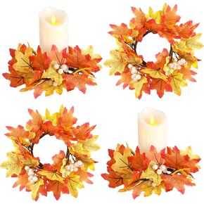 Fall Candle Rings Thanksgiving Day Candle Ring Candle Holder with Maple Leaves Wreath Mini Autumn Wreath Artificial Maple Leaves Candle Ring for Fall Home Table Decoration Centerpiece (4 Pieces)