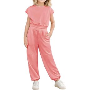 JiAmy Girl's Jumpsuits Sleeveless Round Neck Elastic Waist Casual Rompers Long Pants with Pockets for Kids 5-12 Years