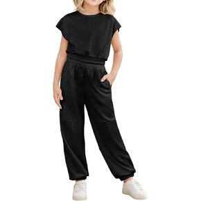 JiAmy Girl's Jumpsuits Sleeveless Round Neck Elastic Waist Casual Rompers Long Pants with Pockets for Kids 5-12 Years