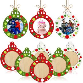 Blulu 24 Pcs Christmas Red Green and White Dots Picture Ornament Bulk Wooden Christmas Photo Frame Ornaments Christmas Hanging Ornaments for Christmas Tree Stockings Decorations(Dots Style)