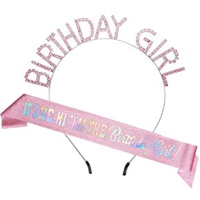 Birthday Gifts for Women - 'IT'S ME. HI, I'M THE Birthday Girl' Pink Birthday Girl Sash & Tiara Set - Birthday Decorations, Rhinestone Birthday Girl Headband.