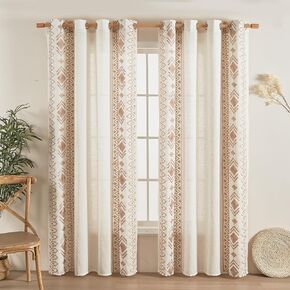 Beige Boho Curtains 2 Panels for Bedroom 84 Inches Long Linen Embroidered Drapes for Living Room Farmhouse Geometric Light Filtering Grommet Window Treatment 52x84 Inch, Taupe On Beige