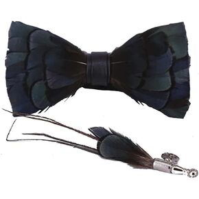 Men's Pre-Tied Bow Tie Handmade Feathers Bowtie and Brooch Set