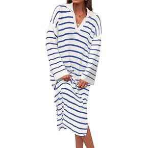 ZESICA Women’s Fall Striped Sweater Dresses 2024 Casual Long Sleeve Lapel V Neck Knit Side Slit Midi Dress