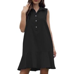 Women‘s Sleeveless Shirt Dress Ruffle Hem Cotton Tunic Tank Dress Button Up Swing Shift Mini Dresses