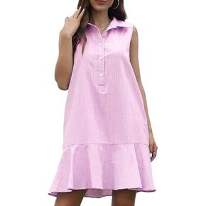 Women‘s Sleeveless Shirt Dress Ruffle Hem Cotton Tunic Tank Dress Button Up Swing Shift Mini Dresses in Saudi Arabia