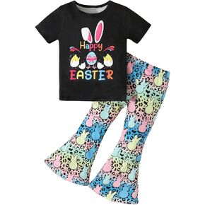 WDIRARA Toddler Girl's 2 Piece Graphic Short Sleeve Tee and Cow Print Flare Pants Set