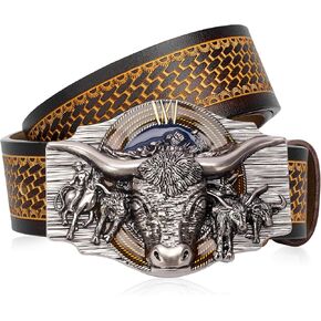 BISON DENIM Western Leather Belt for Men Women Cowboy Cowgirl Mens Buckle Belt for Jeans, Country Belt, Ideal Men's Gifts