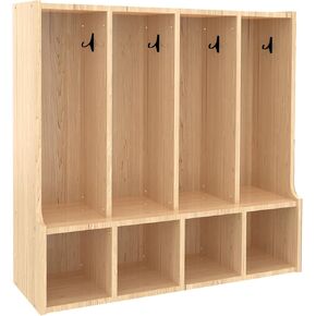 Kid's Coat Locker with Bench - 4-Section Toddler-Sized Natural Kids Furniture for Organized Storage (4-Section)