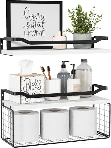 WOPITUES Floating Shelves with Wire Storage Basket, Bathroom Shelves Over Toilet with Protective Metal Guardrail, Wood Wall Shelves for Bathroom, Bedroom, Living Room, Toilet Paper-Black in Saudi Arabia