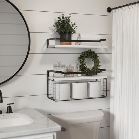WOPITUES Floating Shelves with Wire Storage Basket, Bathroom Shelves Over Toilet with Protective Metal Guardrail, Wood Wall Shelves for Bathroom, Bedroom, Living Room, Toilet Paper-Black in Saudi Arabia