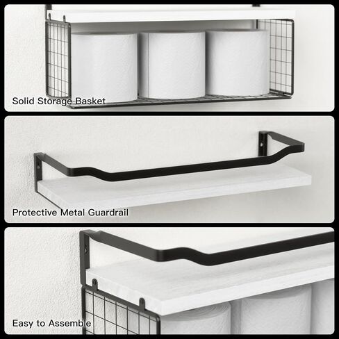 WOPITUES Floating Shelves with Wire Storage Basket, Bathroom Shelves Over Toilet with Protective Metal Guardrail, Wood Wall Shelves for Bathroom, Bedroom, Living Room, Toilet Paper-Black in Saudi Arabia