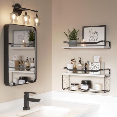 WOPITUES Floating Shelves with Wire Storage Basket, Bathroom Shelves Over Toilet with Protective Metal Guardrail, Wood Wall Shelves for Bathroom, Bedroom, Living Room, Toilet Paper-Black in Saudi Arabia