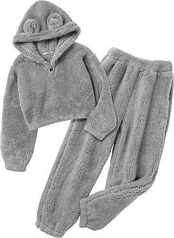 Arshiner Girls 2 Piece Outfits Sweatsuit Fuzzy Long Sleeve Bear Ear Hoodie Sweatshirt and Sweatpant Kids Clothing Sets in Saudi Arabia