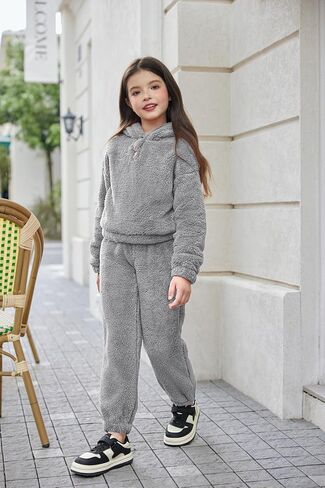 Arshiner Girls 2 Piece Outfits Sweatsuit Fuzzy Long Sleeve Bear Ear Hoodie Sweatshirt and Sweatpant Kids Clothing Sets in Saudi Arabia