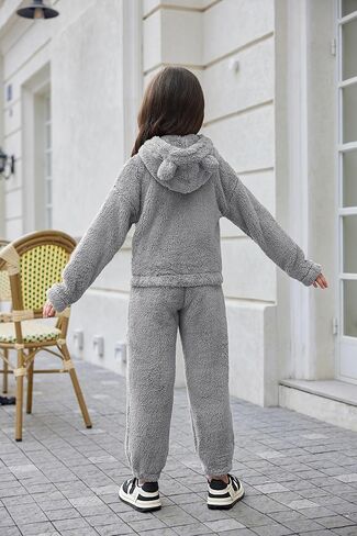 Arshiner Girls 2 Piece Outfits Sweatsuit Fuzzy Long Sleeve Bear Ear Hoodie Sweatshirt and Sweatpant Kids Clothing Sets in Saudi Arabia