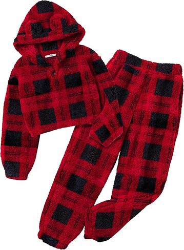 Arshiner Girls 2 Piece Outfits Sweatsuit Fuzzy Long Sleeve Bear Ear Hoodie Sweatshirt and Sweatpant Kids Clothing Sets in Saudi Arabia