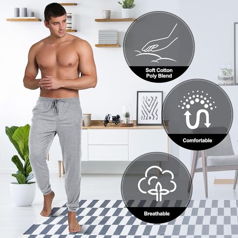 3 Pack Mens Cotton Sleepwear Pajamas Pants with Pockets, Soft Drawstring Lounge Bottoms Pjs for Men in Saudi Arabia
