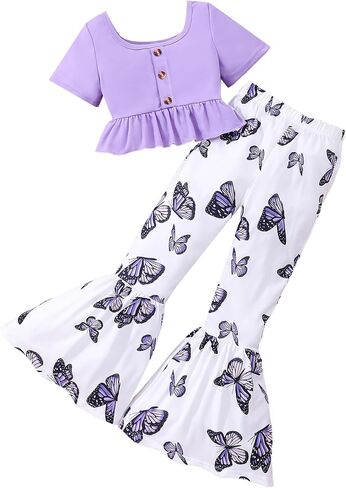 Girls 2PCS Outfits Ruffle Short Sleeve Tops and Floral & Butterfly Print Flared Wide Leg Pants Sets for 4-12Y in Saudi Arabia