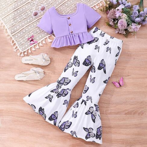 Girls 2PCS Outfits Ruffle Short Sleeve Tops and Floral & Butterfly Print Flared Wide Leg Pants Sets for 4-12Y in Saudi Arabia
