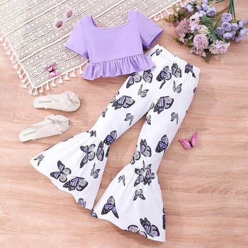 Girls 2PCS Outfits Ruffle Short Sleeve Tops and Floral & Butterfly Print Flared Wide Leg Pants Sets for 4-12Y in Saudi Arabia
