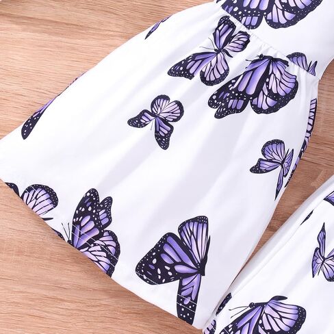 Girls 2PCS Outfits Ruffle Short Sleeve Tops and Floral & Butterfly Print Flared Wide Leg Pants Sets for 4-12Y in Saudi Arabia