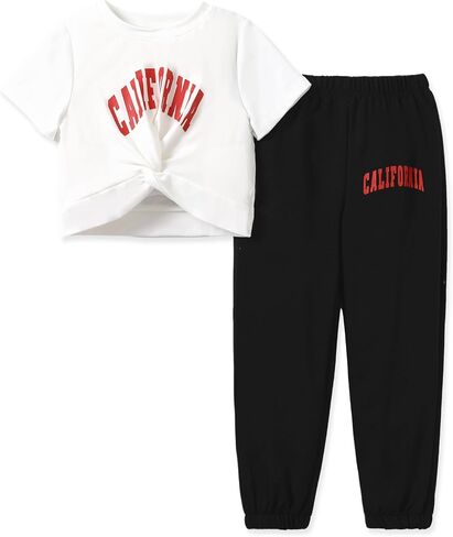 PATPAT Girl's 2 Piece Outfits Short Sleeve Twist Front Tee Top and Elastic Sweatpants Summer Clothes Set 5-12Y in Saudi Arabia