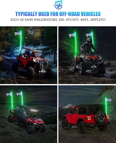 Xprite 5 FT Green LED Spiral Whip Lights, w/Rocker Switch & American Flag Safety Antenna Pole Whip Lighting for Offroad Jeep Sand Dune Buggy UTV ATV 4X4 Trucks Polaris RZR Yamaha Can-am Maverick X3 in Saudi Arabia