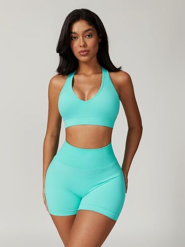 ABOCIW Womens Seamless Workout Sets V Neck Sports Bra Scrunch Butt High Waist Biker Shorts 2 Piece Gym Yoga Outfits in Saudi Arabia