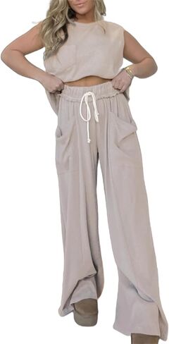 KEOMUD Women Summer 2 Piece Set Sleeveless Sweatsuits Wide Leg Tracksuit Casual Sweatpants Matching Set 2024 Fashion Clothes in Kuwait