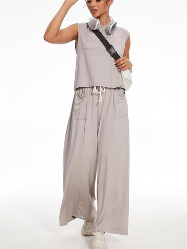 KEOMUD Women Summer 2 Piece Set Sleeveless Sweatsuits Wide Leg Tracksuit Casual Sweatpants Matching Set 2024 Fashion Clothes in Kuwait